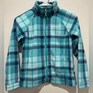 Columbia Girls Plaid Full Zip Fleece Jacket, Blue and White, Medium